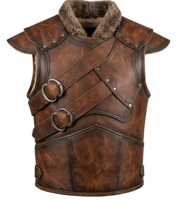 Distressed brown sleeveless Viking vest with plush collar, shoulder flaps, layered cross-front straps, buckles, and rear panel seams