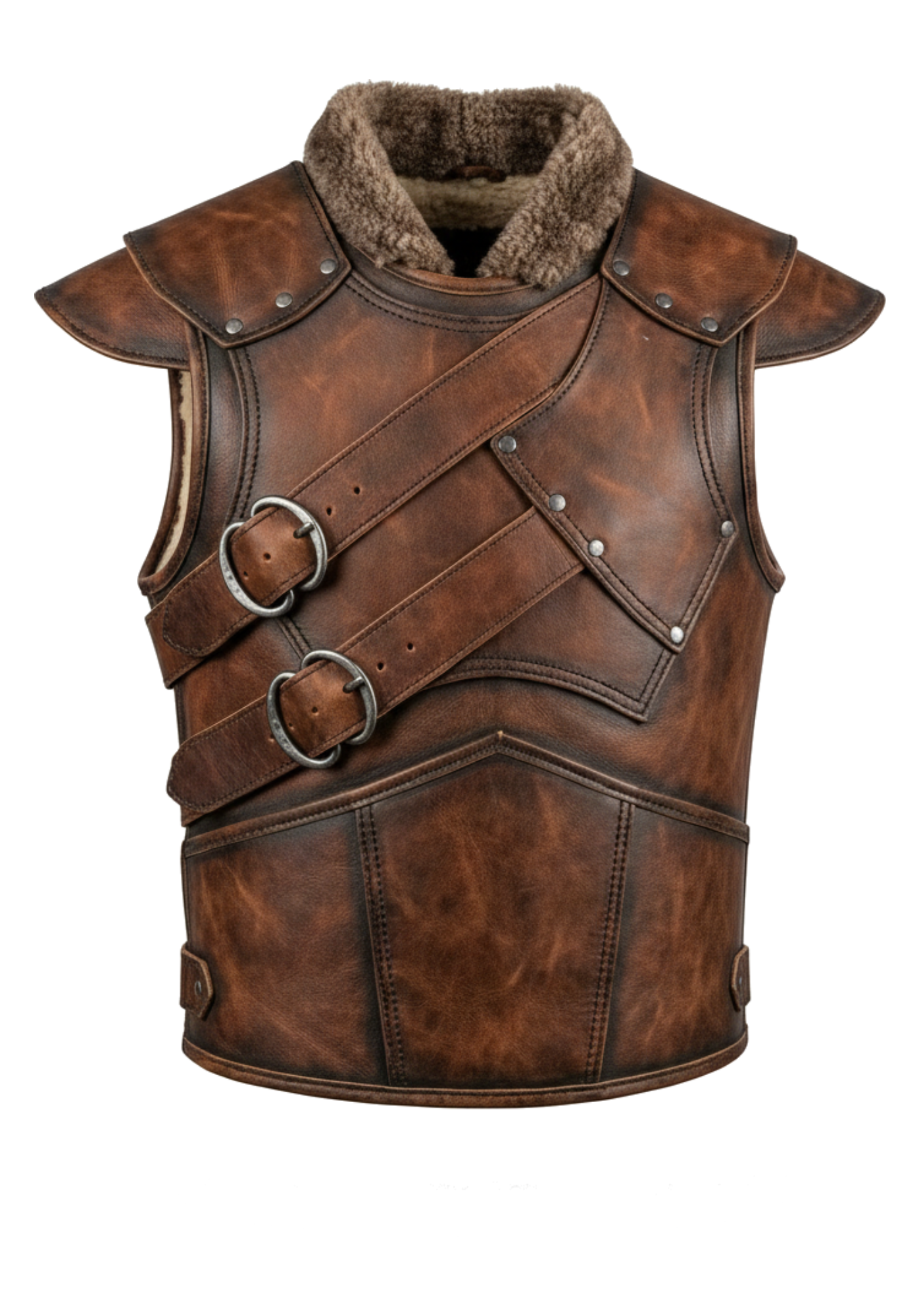 Distressed brown sleeveless Viking vest with plush collar, shoulder flaps, layered cross-front straps, buckles, and rear panel seams