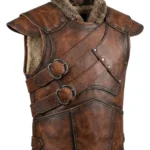 Distressed brown sleeveless Viking vest with plush collar, shoulder flaps, layered cross-front straps, buckles, and rear panel seams