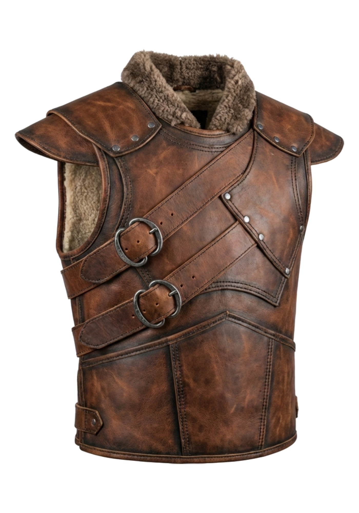 Distressed brown sleeveless Viking vest with plush collar, shoulder flaps, layered cross-front straps, buckles, and rear panel seams