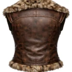 Brown sleeveless Viking vest with tan fur collar and hem, textured leather-style panels, curved seams, and rear buckled details