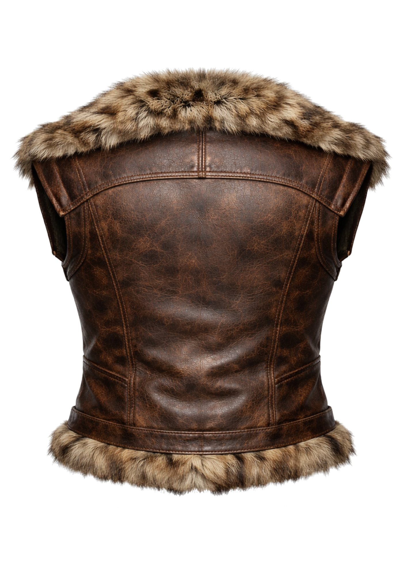 Brown sleeveless Viking vest with tan fur collar and hem, textured leather-style panels, curved seams, and rear buckled details