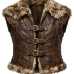 Brown sleeveless Viking vest with tan fur collar and hem, textured leather-style panels, curved seams, and rear buckled details