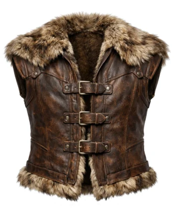 Brown sleeveless Viking vest with tan fur collar and hem, textured leather-style panels, curved seams, and rear buckled details