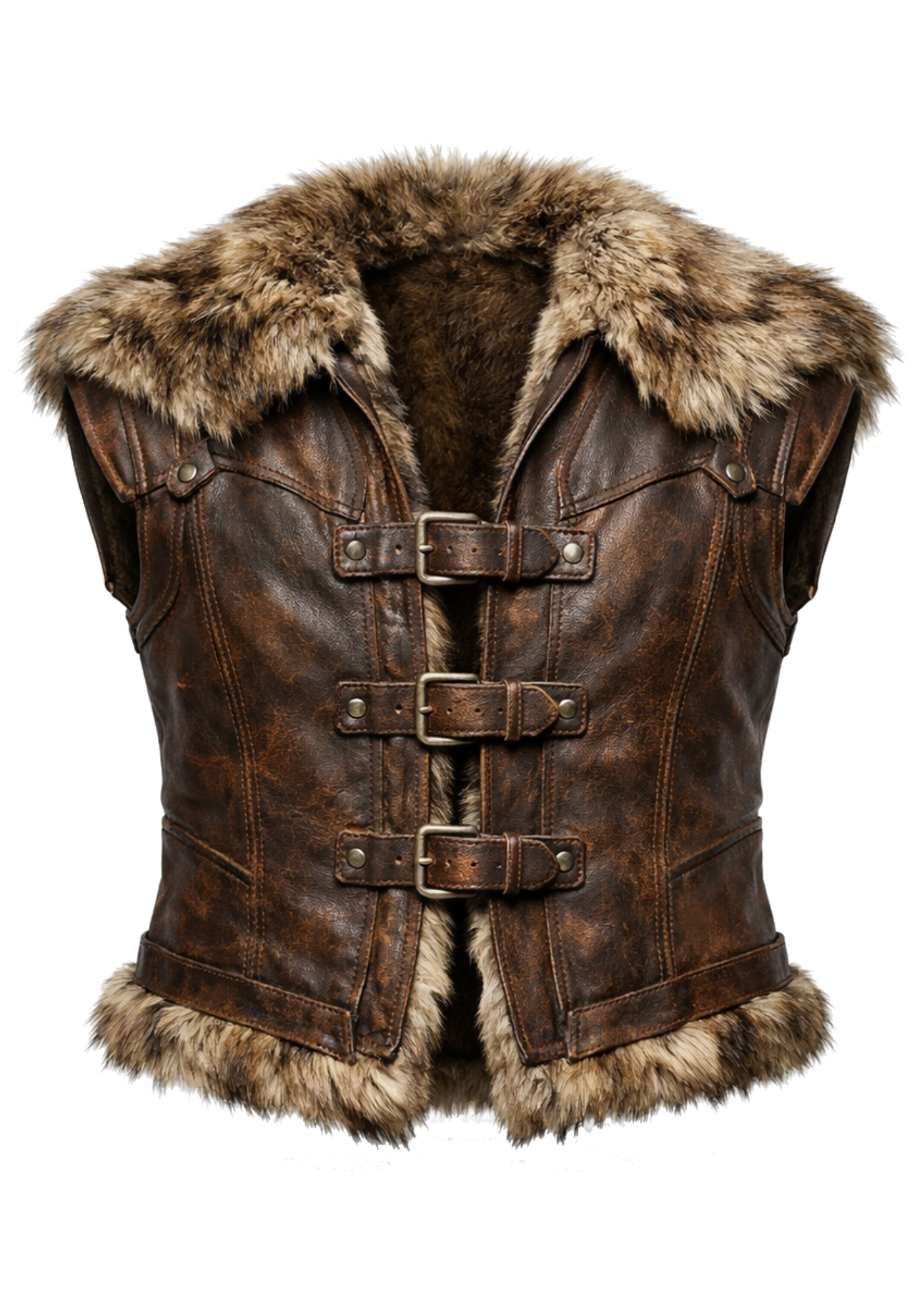 Brown sleeveless Viking vest with tan fur collar and hem, textured leather-style panels, curved seams, and rear buckled details