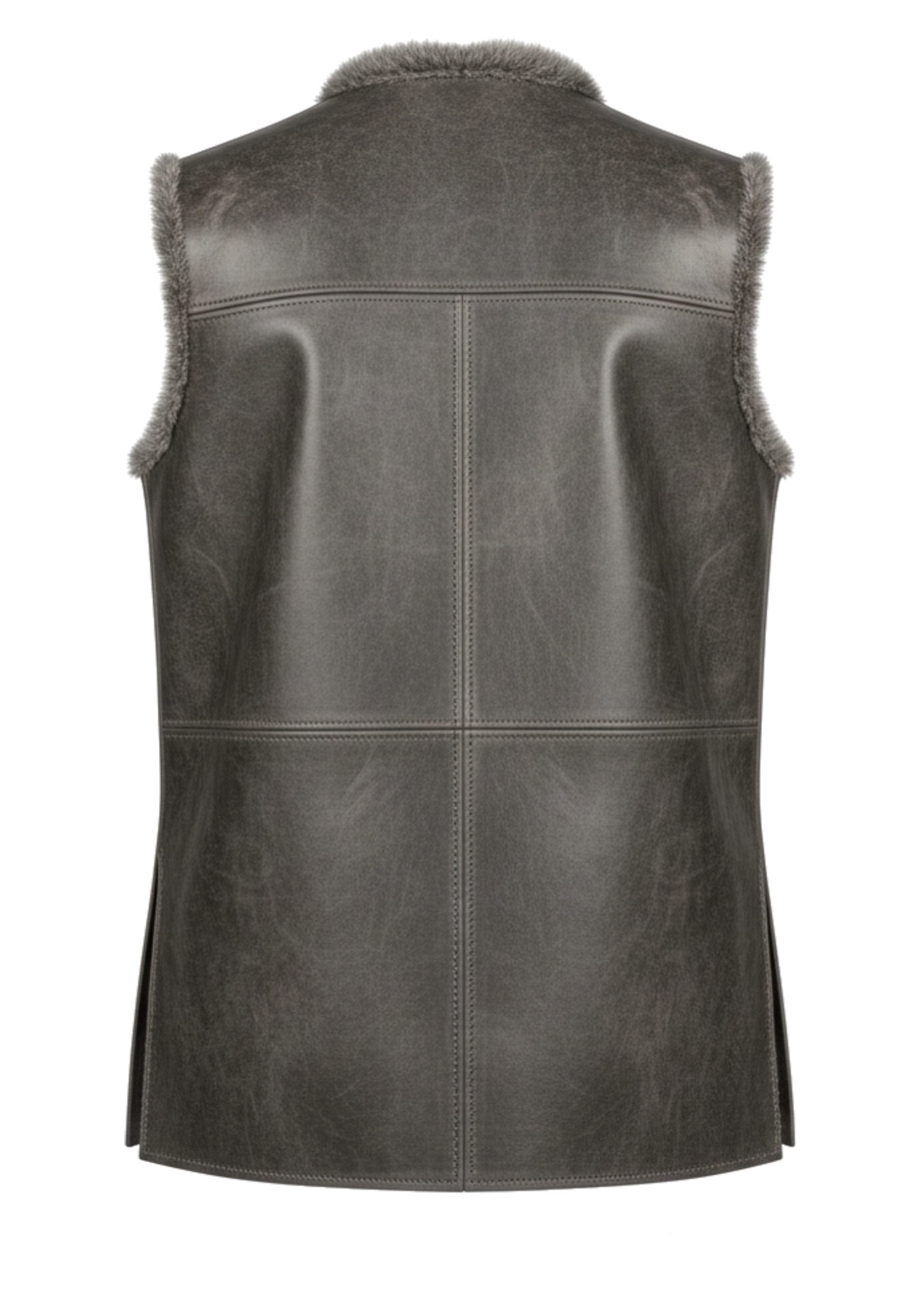 Charcoal gray sleeveless Viking-inspired vest with fur-look collar and arm trim, structured panels, long shape, and toggle-style detailing