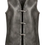 Charcoal gray sleeveless Viking-inspired vest with fur-look collar and arm trim, structured panels, long shape, and toggle-style detailing