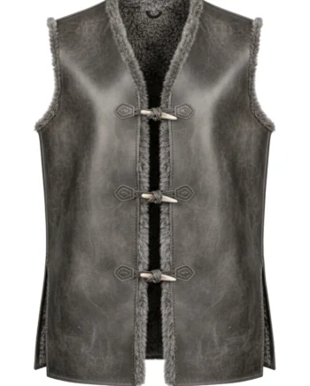 Charcoal gray sleeveless Viking-inspired vest with fur-look collar and arm trim, structured panels, long shape, and toggle-style detailing