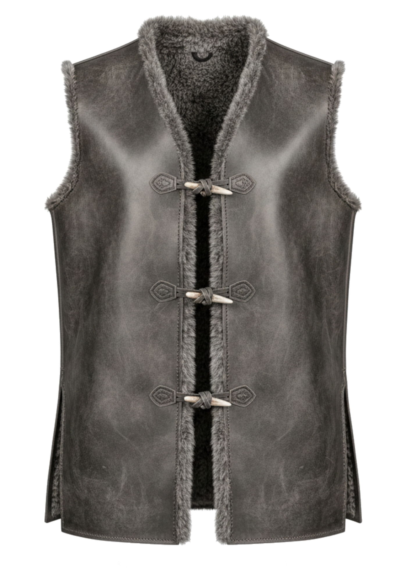 Charcoal gray sleeveless Viking-inspired vest with fur-look collar and arm trim, structured panels, long shape, and toggle-style detailing
