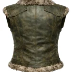 Sleeveless Viking Nordic leather-style vest in olive green or brown with fur collar, fur hem trim, panel seams, and double front buckles