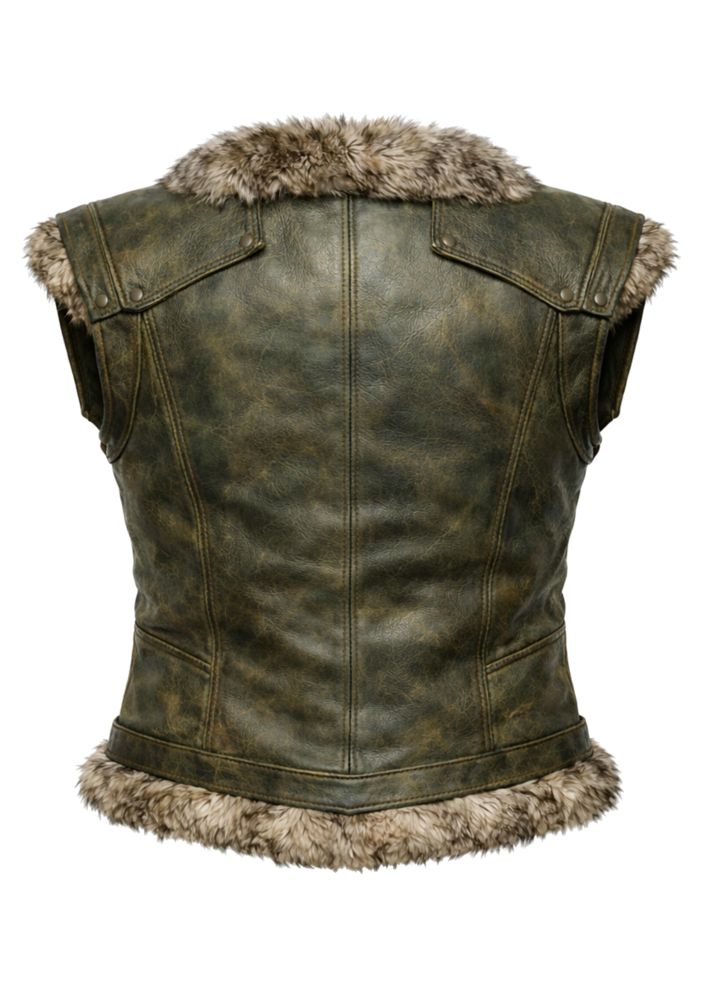 Sleeveless Viking Nordic leather-style vest in olive green or brown with fur collar, fur hem trim, panel seams, and double front buckles
