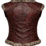Sleeveless Viking Nordic leather-style vest in olive green or brown with fur collar, fur hem trim, panel seams, and double front buckles