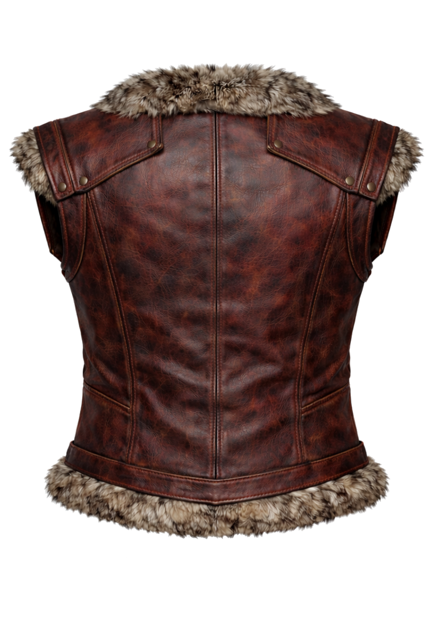 Sleeveless Viking Nordic leather-style vest in olive green or brown with fur collar, fur hem trim, panel seams, and double front buckles