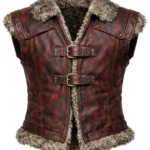 Sleeveless Viking Nordic leather-style vest in olive green or brown with fur collar, fur hem trim, panel seams, and double front buckles