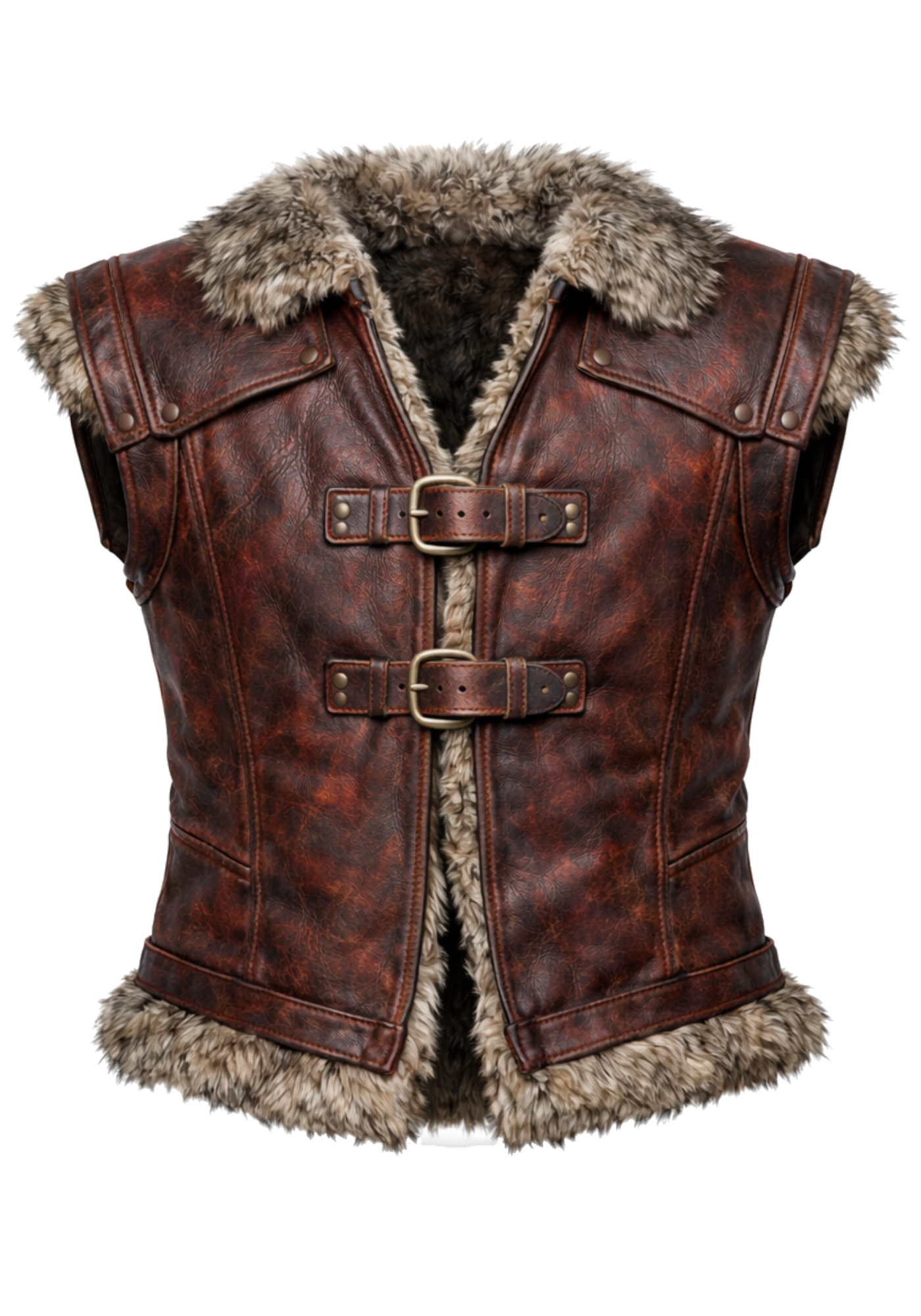 Sleeveless Viking Nordic leather-style vest in olive green or brown with fur collar, fur hem trim, panel seams, and double front buckles