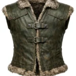 Sleeveless Viking Nordic leather-style vest in olive green or brown with fur collar, fur hem trim, panel seams, and double front buckles