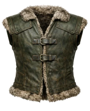 Sleeveless Viking Nordic leather-style vest in olive green or brown with fur collar, fur hem trim, panel seams, and double front buckles