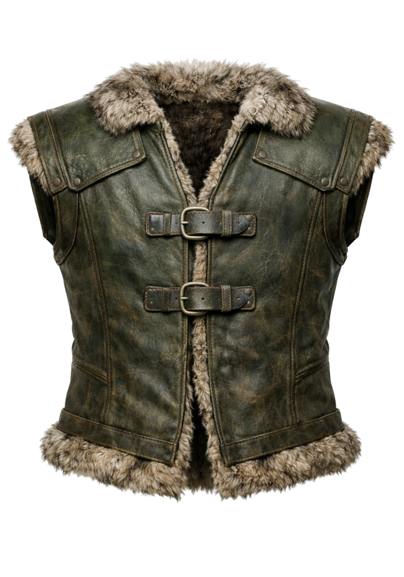 Sleeveless Viking Nordic leather-style vest in olive green or brown with fur collar, fur hem trim, panel seams, and double front buckles