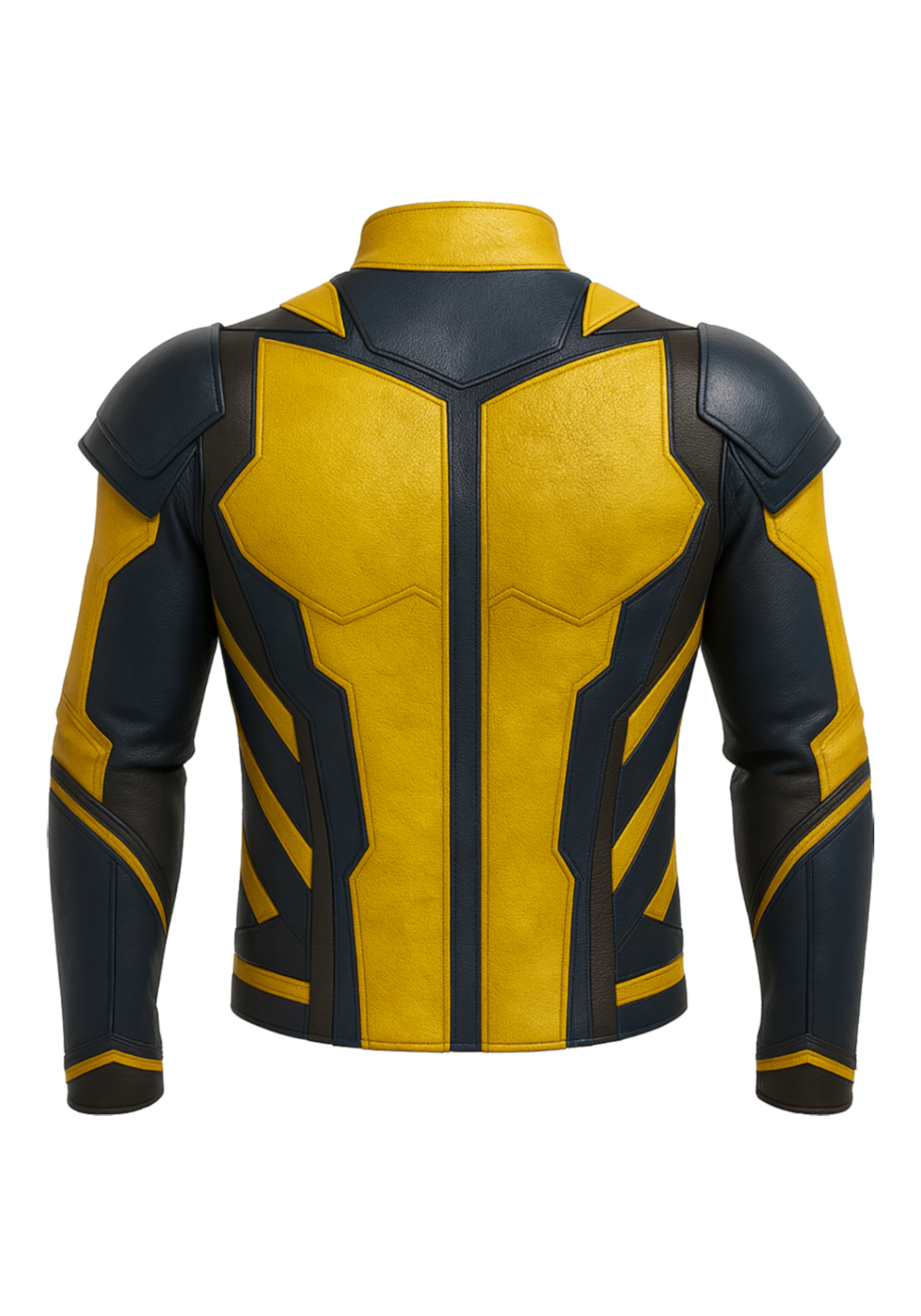 Yellow and black Wolverine-inspired armor jacket with long sleeves, raised collar, shoulder panels, geometric trim, and structured overall shape