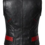 Black and red sleeveless Wonder Man-inspired vest with stand collar, angular chest chevrons, structured panels, and matching waist accents