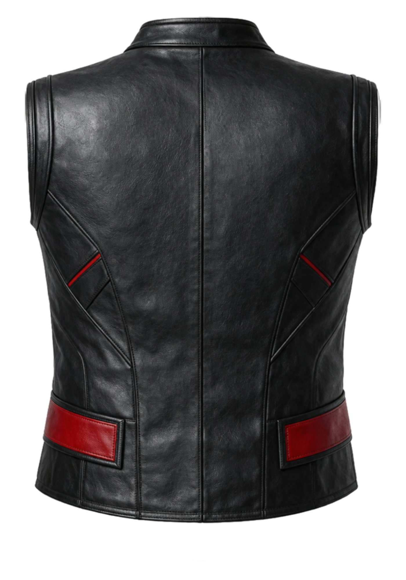 Black and red sleeveless Wonder Man-inspired vest with stand collar, angular chest chevrons, structured panels, and matching waist accents