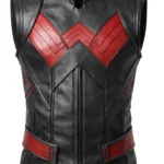 Black and red sleeveless Wonder Man-inspired vest with stand collar, angular chest chevrons, structured panels, and matching waist accents