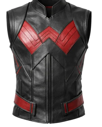 Black and red sleeveless Wonder Man-inspired vest with stand collar, angular chest chevrons, structured panels, and matching waist accents