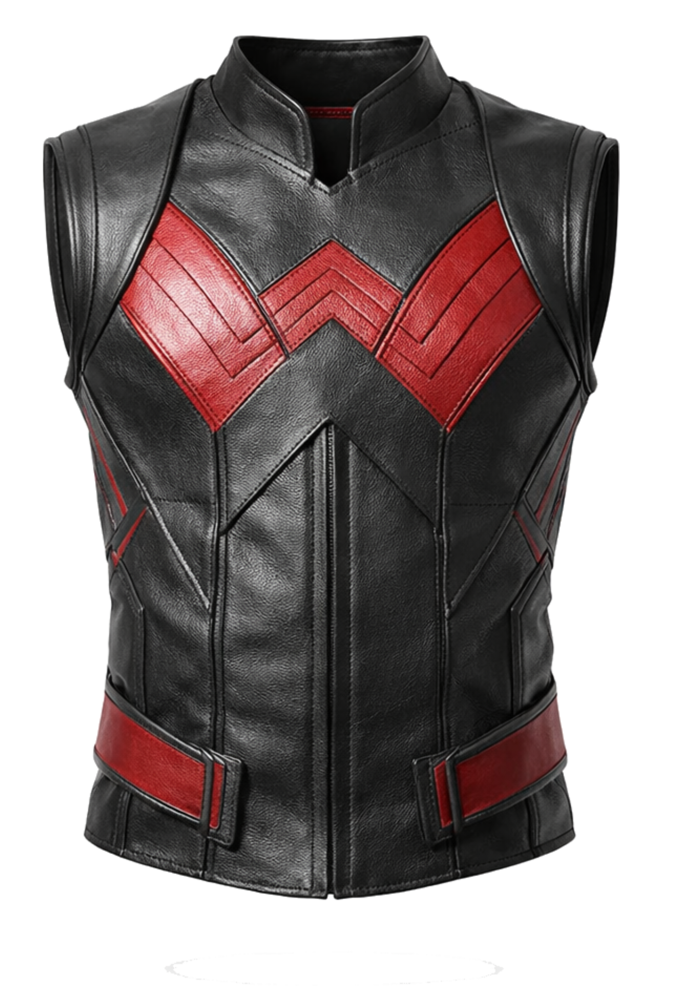Black and red sleeveless Wonder Man-inspired vest with stand collar, angular chest chevrons, structured panels, and matching waist accents