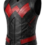 Black and red sleeveless Wonder Man-inspired vest with stand collar, angular chest chevrons, structured panels, and matching waist accents
