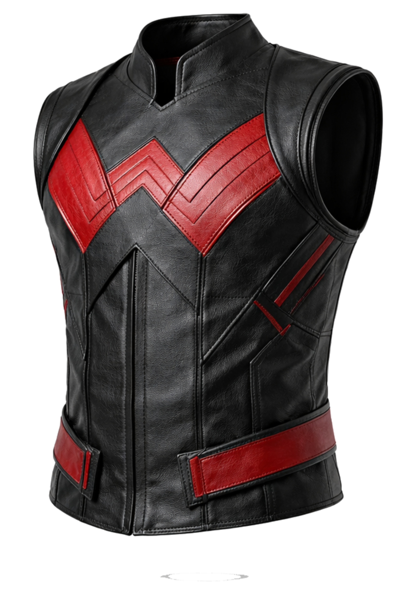 Black and red sleeveless Wonder Man-inspired vest with stand collar, angular chest chevrons, structured panels, and matching waist accents