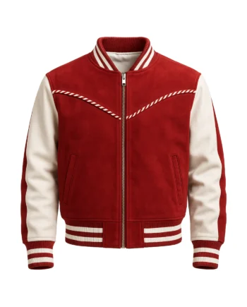 Red and cream women's candy cane bomber jacket with long sleeves, striped ribbed collar and cuffs, curved trim, front zipper, and pockets