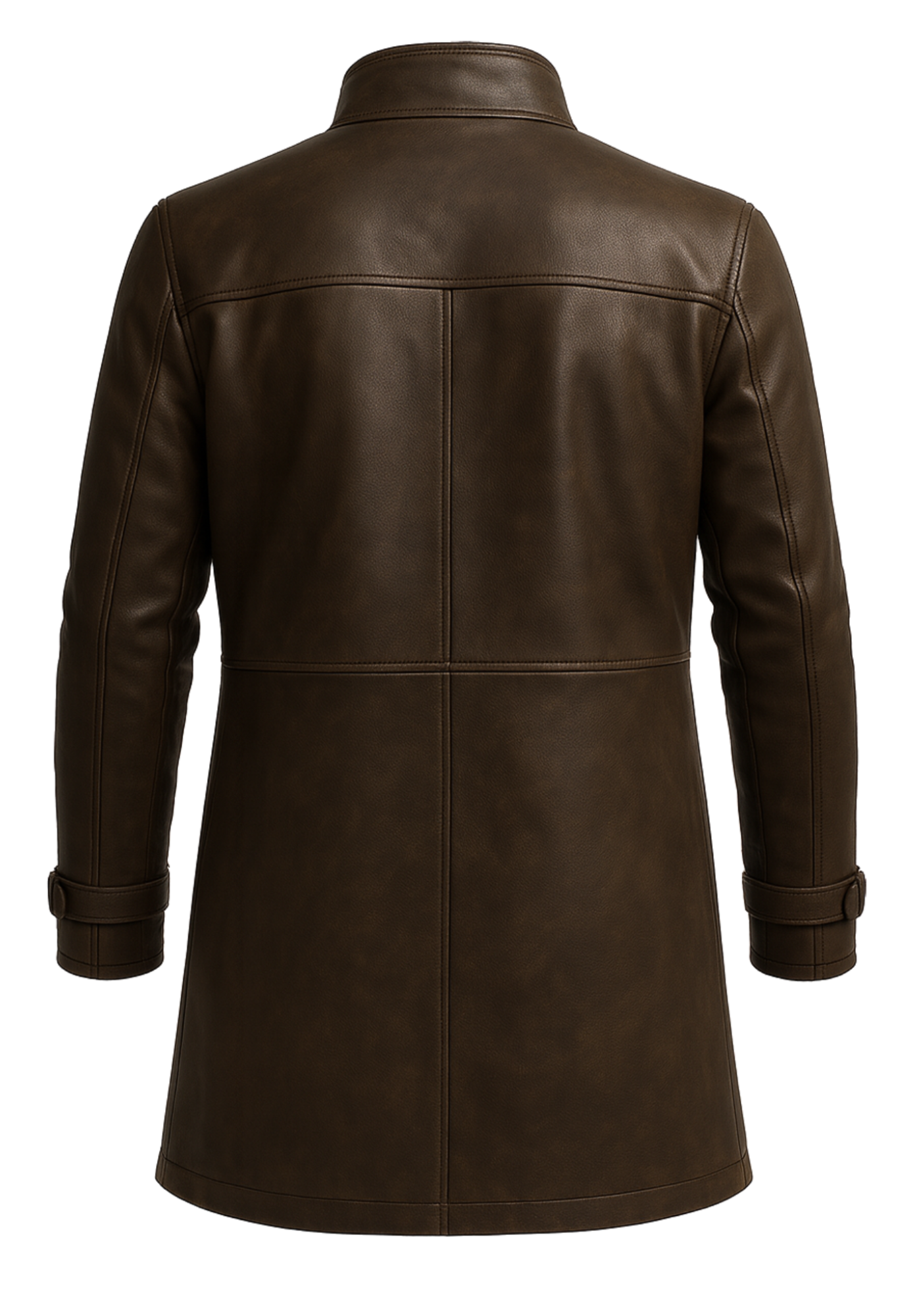 Smoked brown men's leather coat shown from the front with a stand collar, zip opening, chest panels, angled pockets, long sleeves, and cuff straps