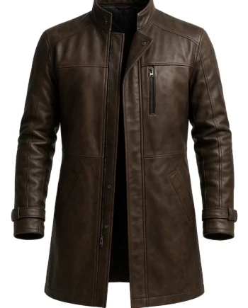 Smoked brown men's leather coat shown from the front with a stand collar, zip opening, chest panels, angled pockets, long sleeves, and cuff straps