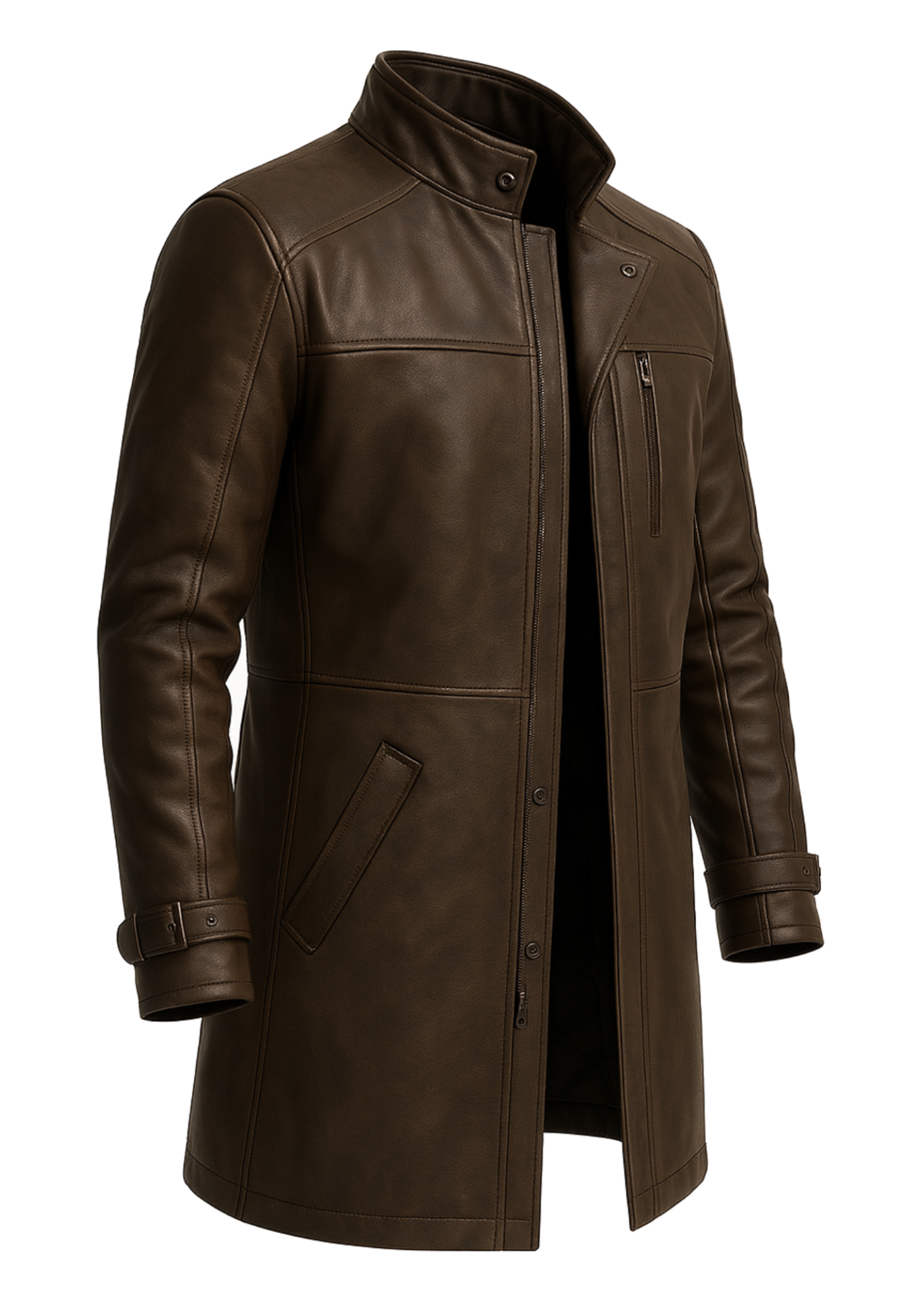Smoked brown men's leather coat shown from the front with a stand collar, zip opening, chest panels, angled pockets, long sleeves, and cuff straps