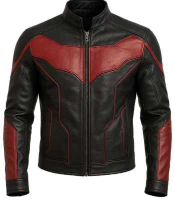 Black and red bat-inspired men's biker jacket with stand collar, center zipper, angular chest panels, red sleeve inserts, and structured rear yoke