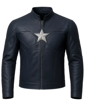 Black Captain America inspired leather-style jacket shown in front and back views with a raised collar, panel seams, long sleeves, and star detail.