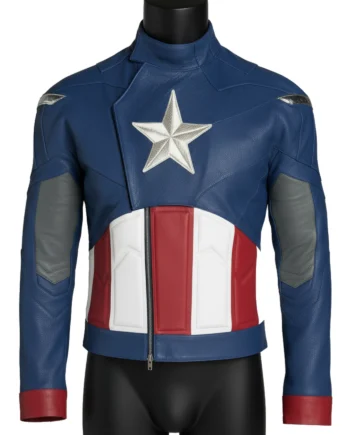 Blue Captain America-inspired jacket with red and white panels, silver star detail, stand collar, angular seams, and long sleeves