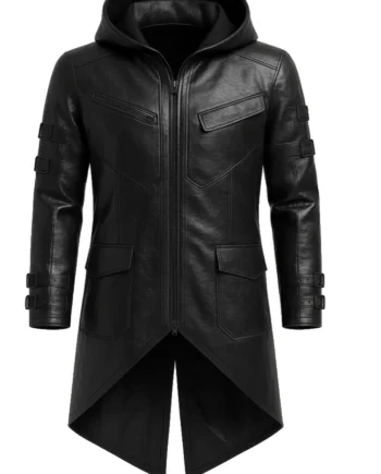 Black cyberpunk-inspired hooded tailcoat with long sleeves, angular panel seams, split-tail hem, and layered sleeve straps