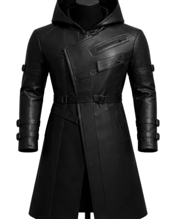 Black cyberpunk futuristic hooded trench coat shown in front and back views with belted waist, long sleeves, panel seams, and cuff straps.