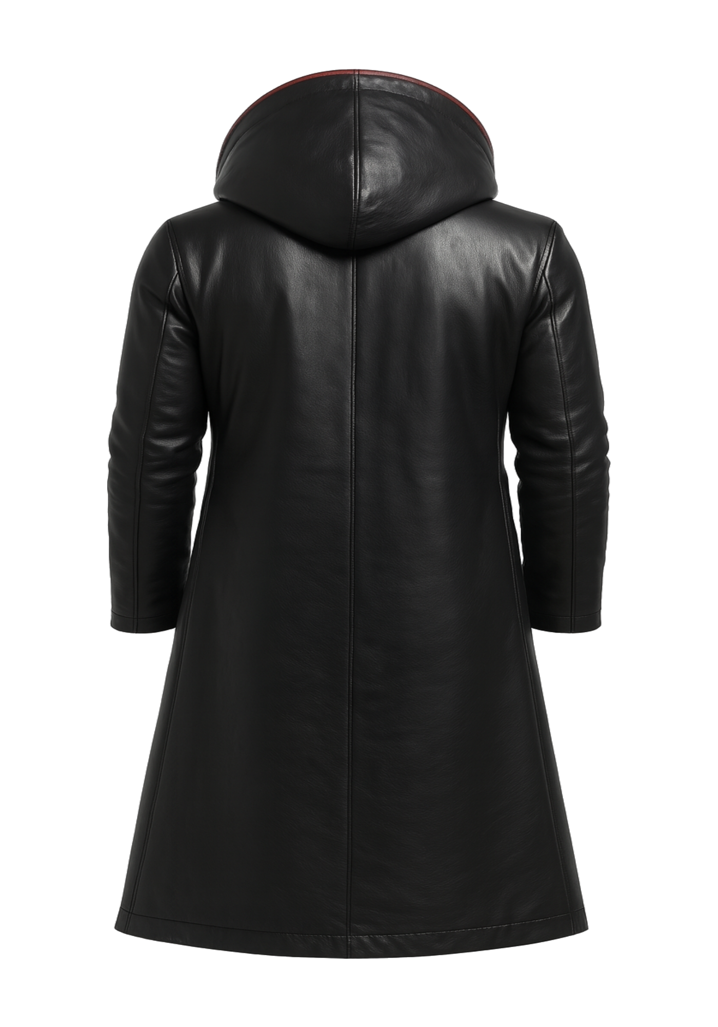 Black and burgundy men's hooded trench coat shown in front and back views, with a long shape, smooth surface, burgundy trim, and full sleeves.