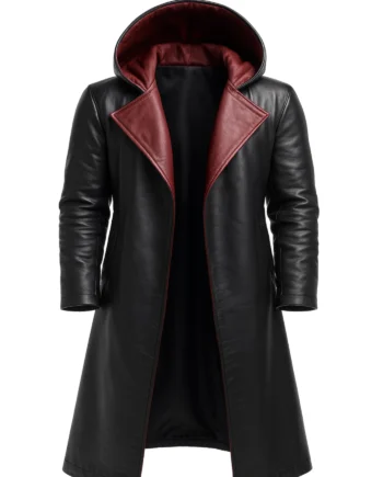 Black and burgundy men's hooded trench coat shown in front and back views, with a long shape, smooth surface, burgundy trim, and full sleeves.