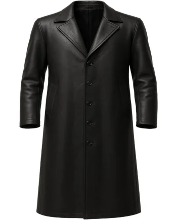 Black leather-style trench coat inspired by Eric Draven, shown with long button front, wide lapels, welt pockets, long sleeves, and center-back seam