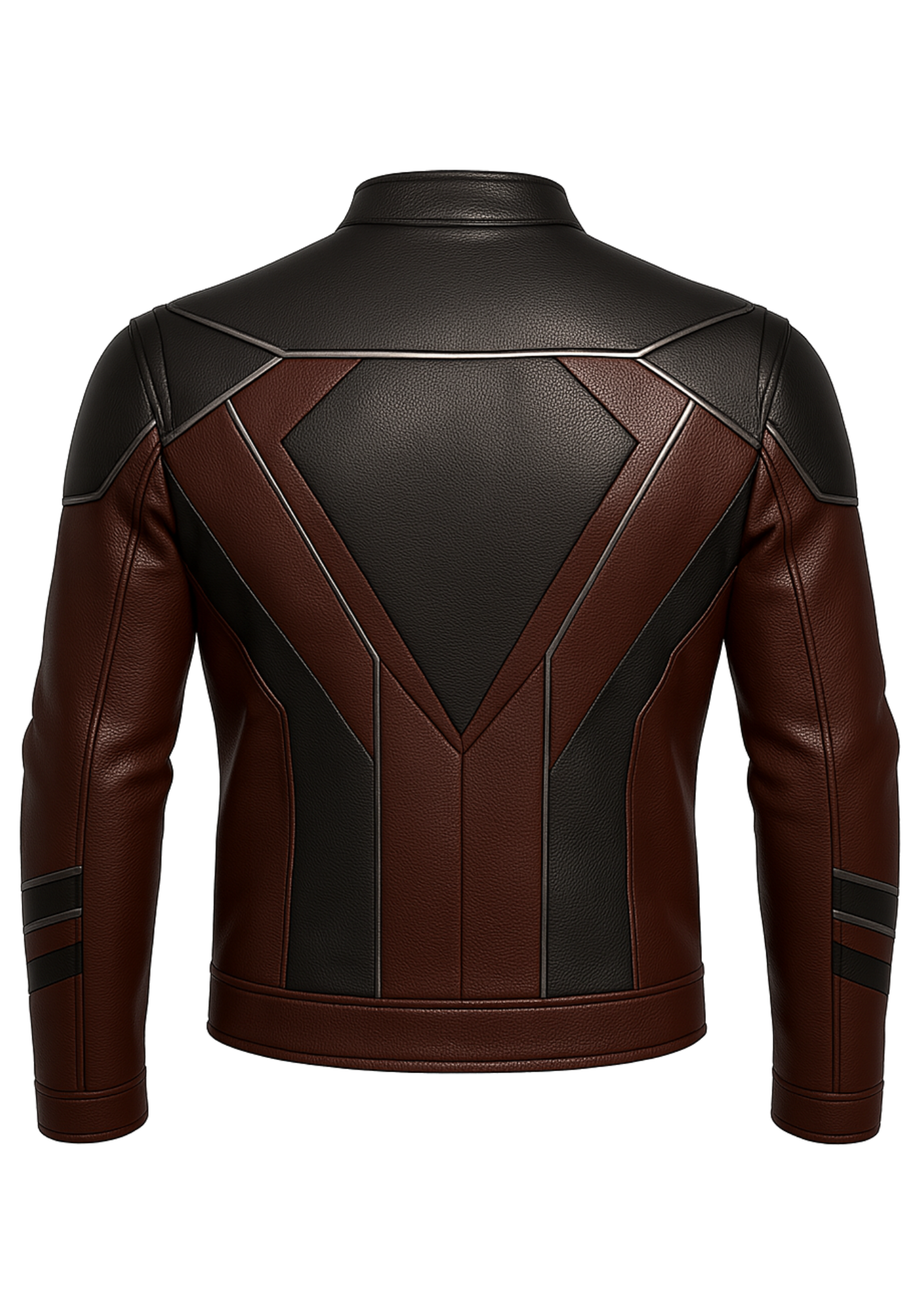 Black and burgundy futuristic biker jacket shown front and back with geometric panels, silver-toned piping, stand collar, and long sleeves