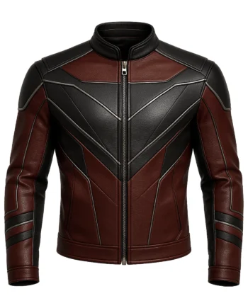 Black and burgundy futuristic biker jacket shown front and back with geometric panels, silver-toned piping, stand collar, and long sleeves
