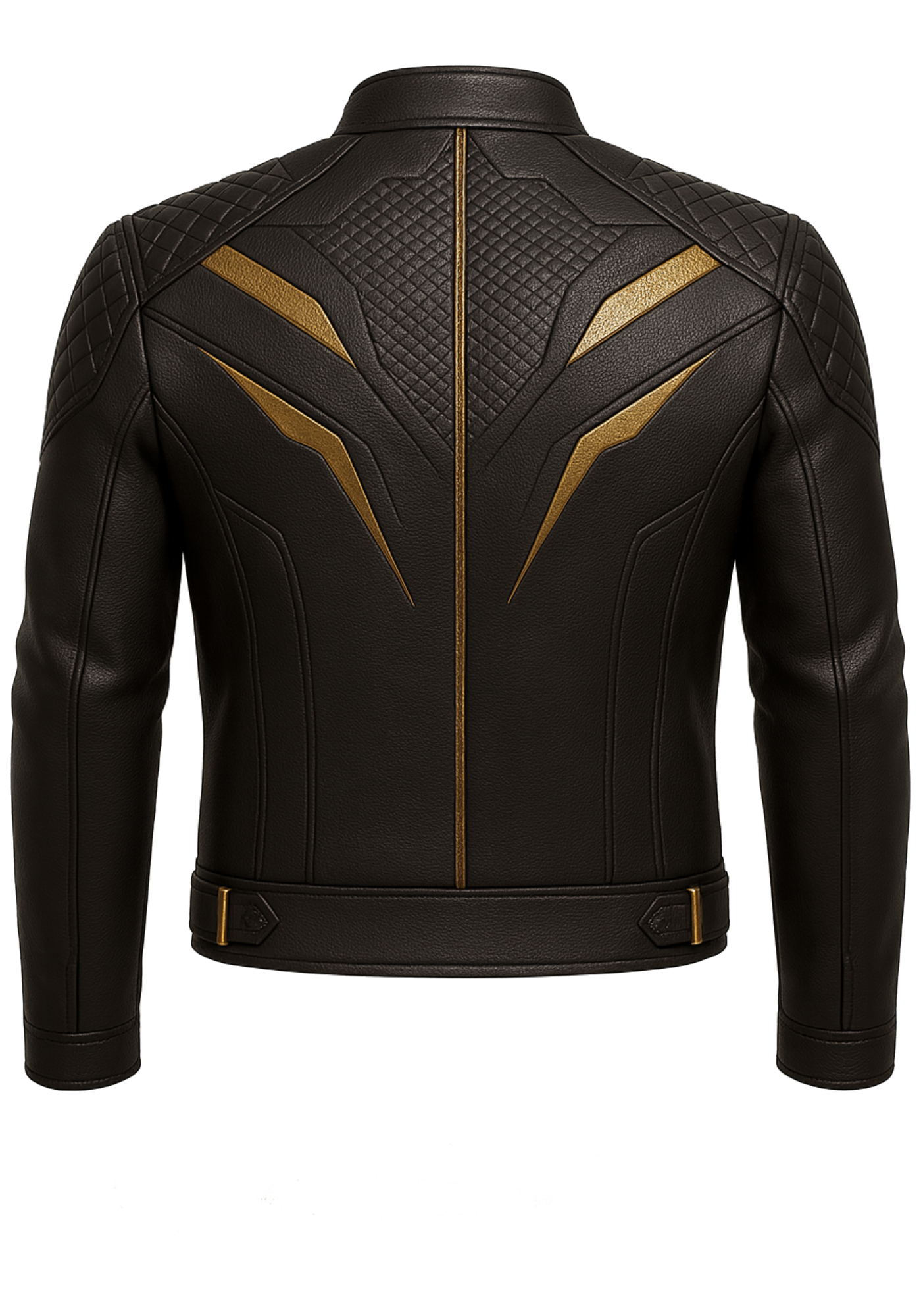 Black and gold futuristic biker jacket with quilted shoulders, geometric panels, stand collar, central zipper, long sleeves, and belted hem