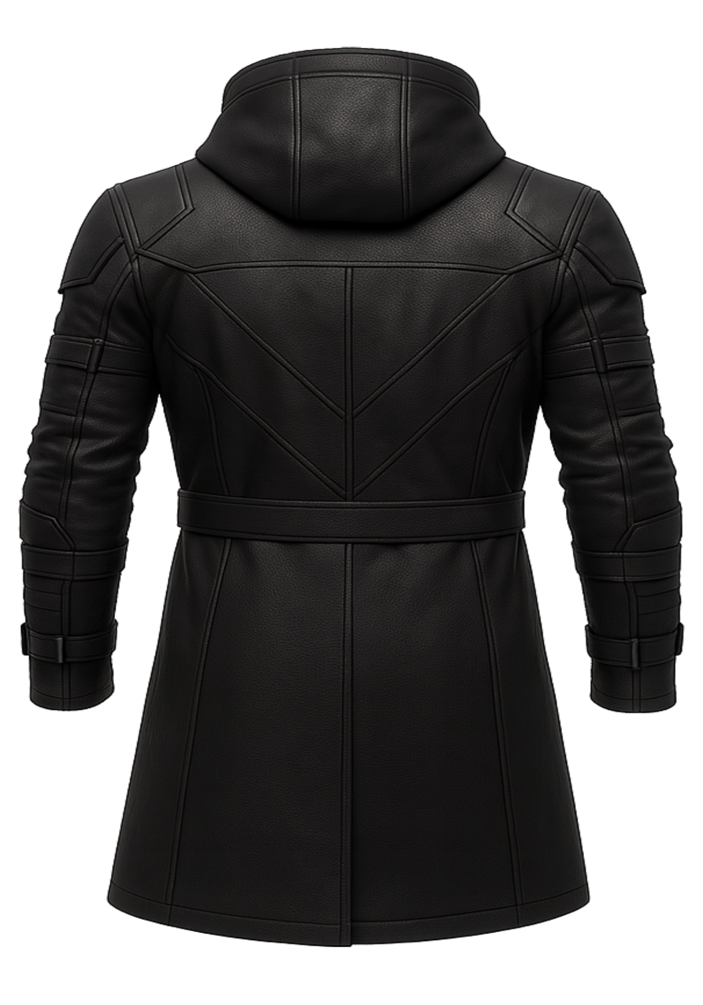 Black futuristic men's trench coat with hood, geometric panels, belted waist, long sleeves, layered cuffs, and extended coat-length shape