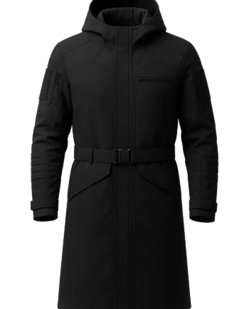 Black futuristic men's long coat shown front and back with a raised hood, wide utility belt, geometric panels, sleeve straps, and long straight hem