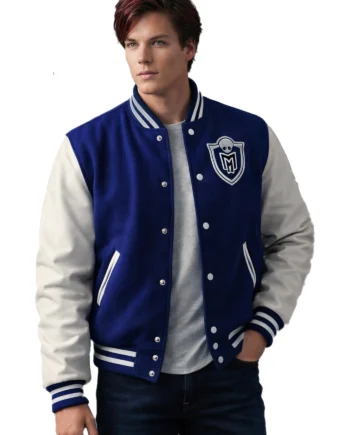 Blue and white Heath Burns inspired varsity jacket with white sleeves, striped ribbed trim, shield chest patch, and button front