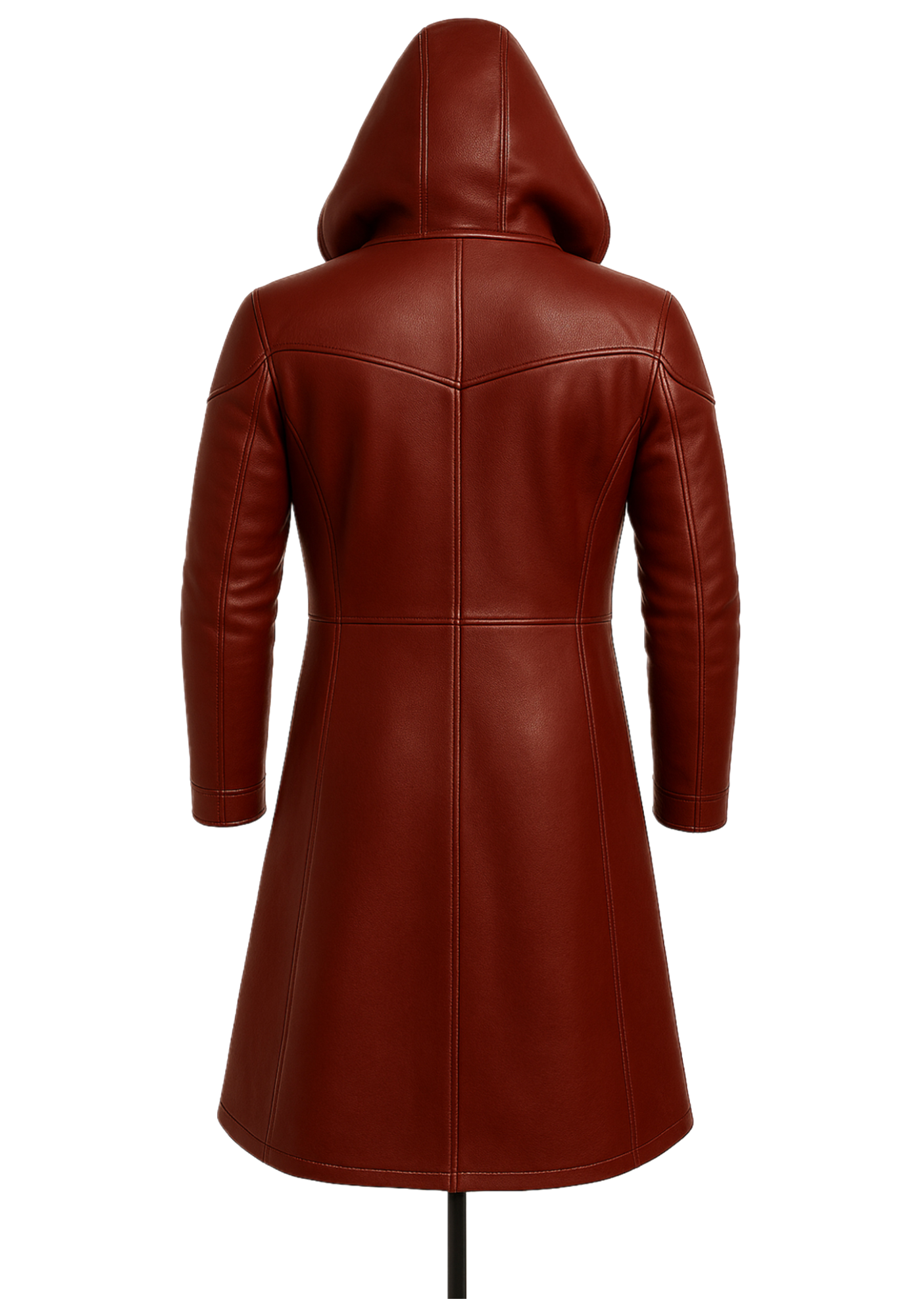 Burgundy brown leather-style hooded coat with long panels, button front, stitched shoulders, long sleeves, and a broad attached hood