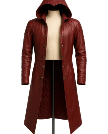 Burgundy brown leather-style hooded coat with long panels, button front, stitched shoulders, long sleeves, and a broad attached hood